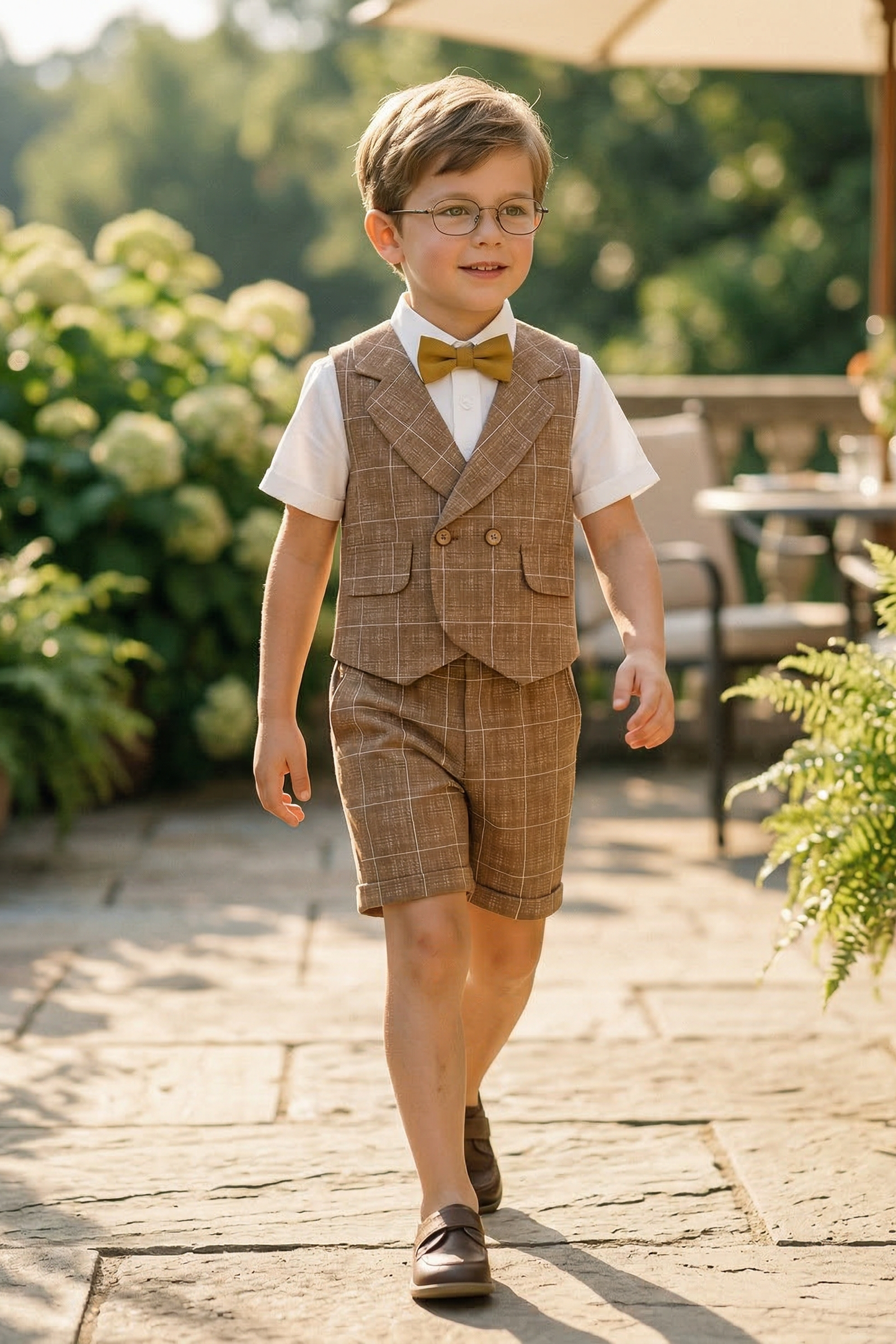 Light Brown Plaid Double-Breasted 2-Piece Set