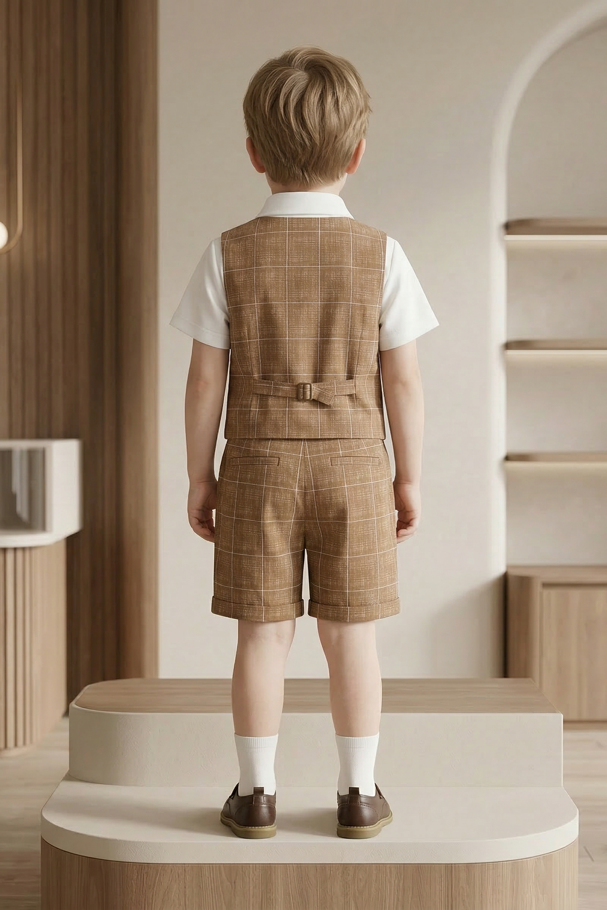 Light Brown Plaid Double-Breasted 2-Piece Set
