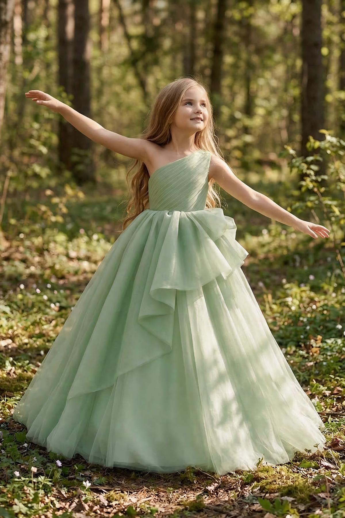 Sage Green Chiffon One-Shoulder Fitted Waist Dress