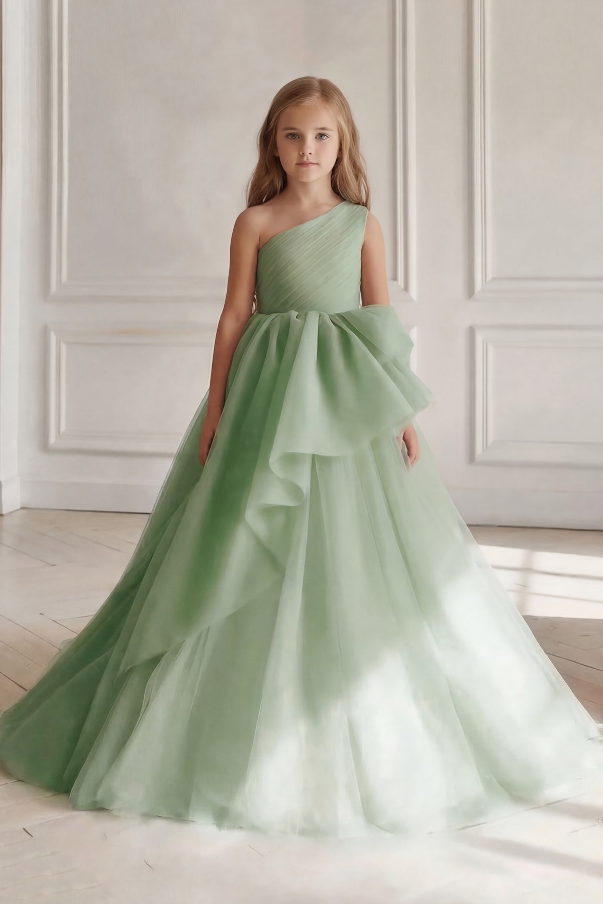Sage Green Chiffon One-Shoulder Fitted Waist Dress