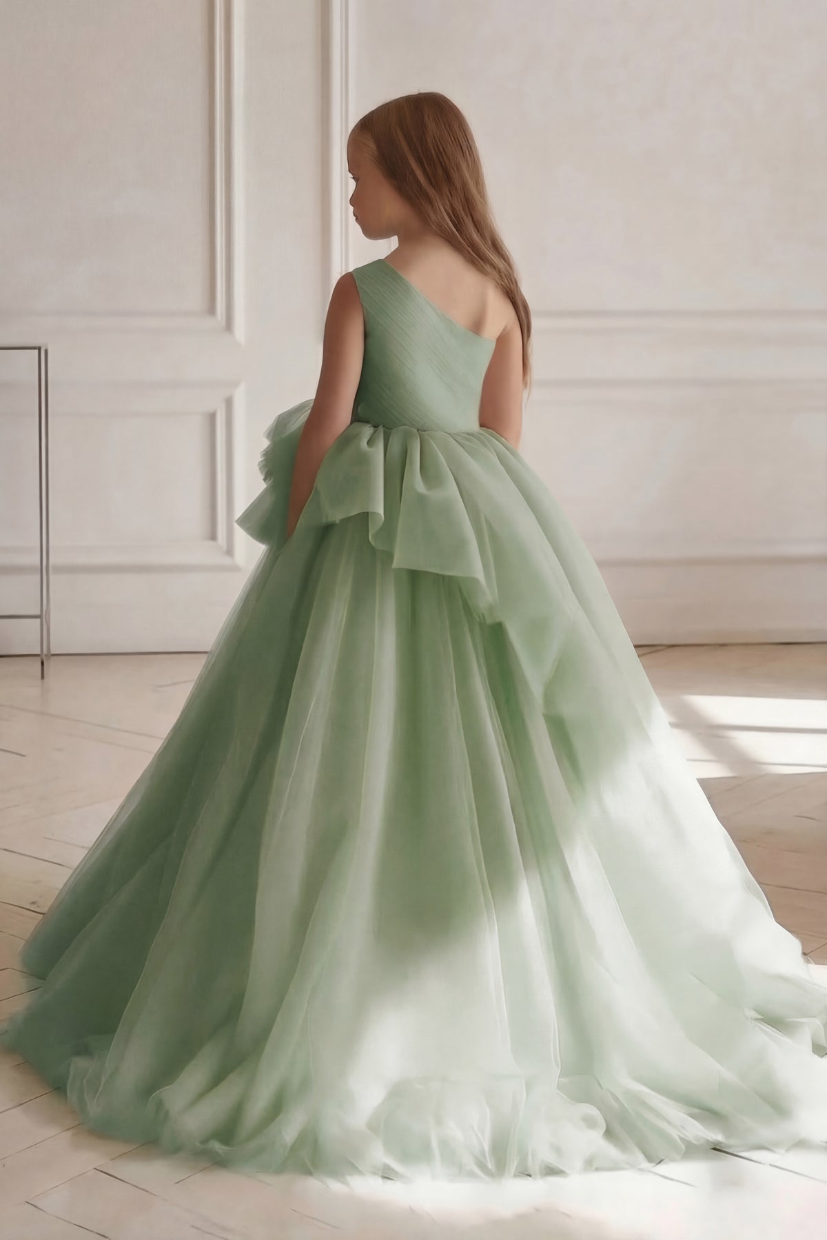 Sage Green Chiffon One-Shoulder Fitted Waist Dress