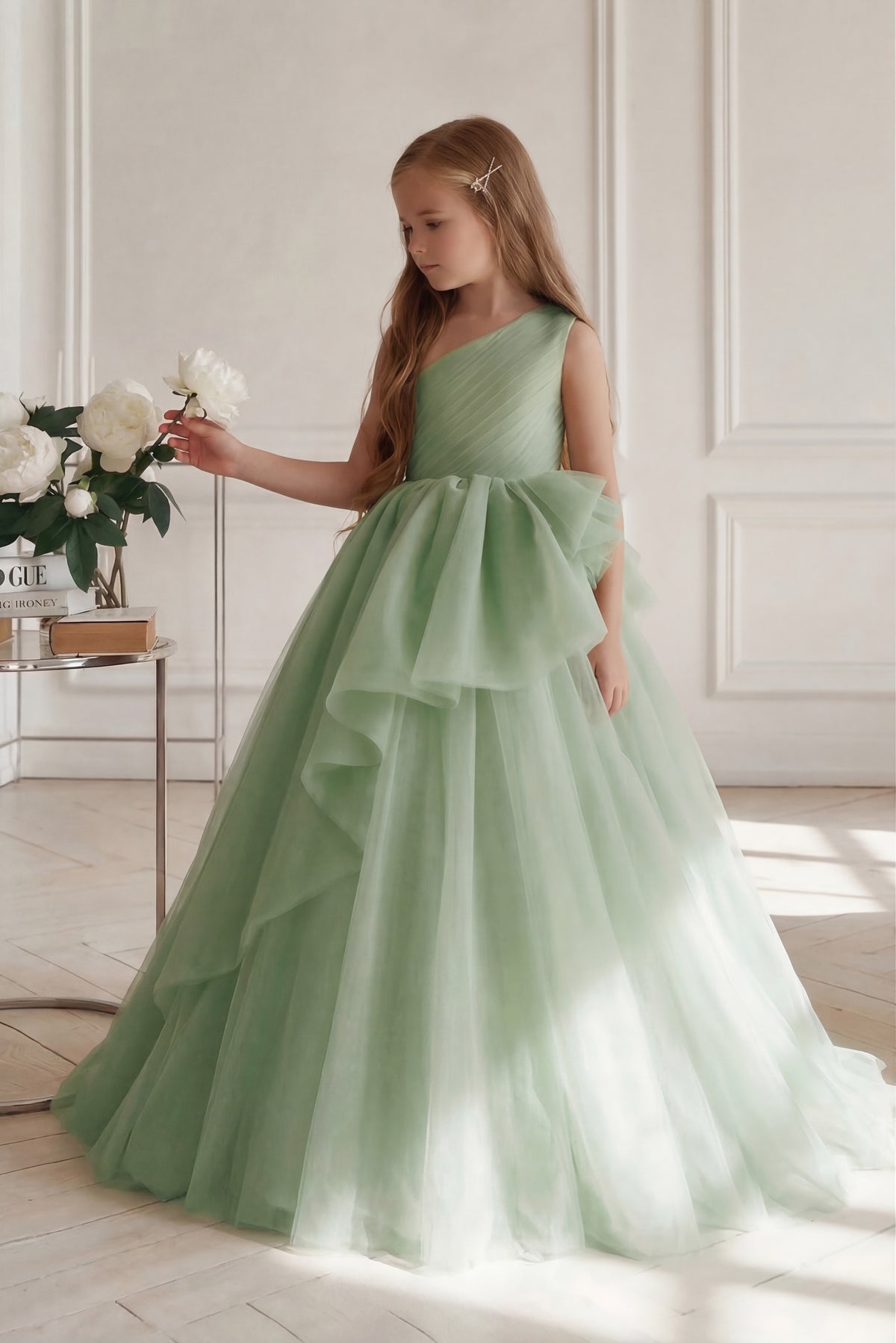 Sage Green Chiffon One-Shoulder Fitted Waist Dress