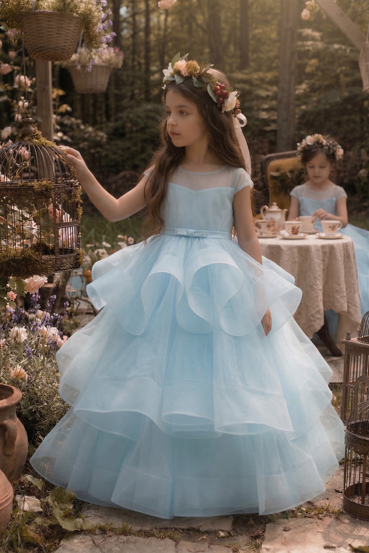 Blue Lace Mesh Round Neck Dress