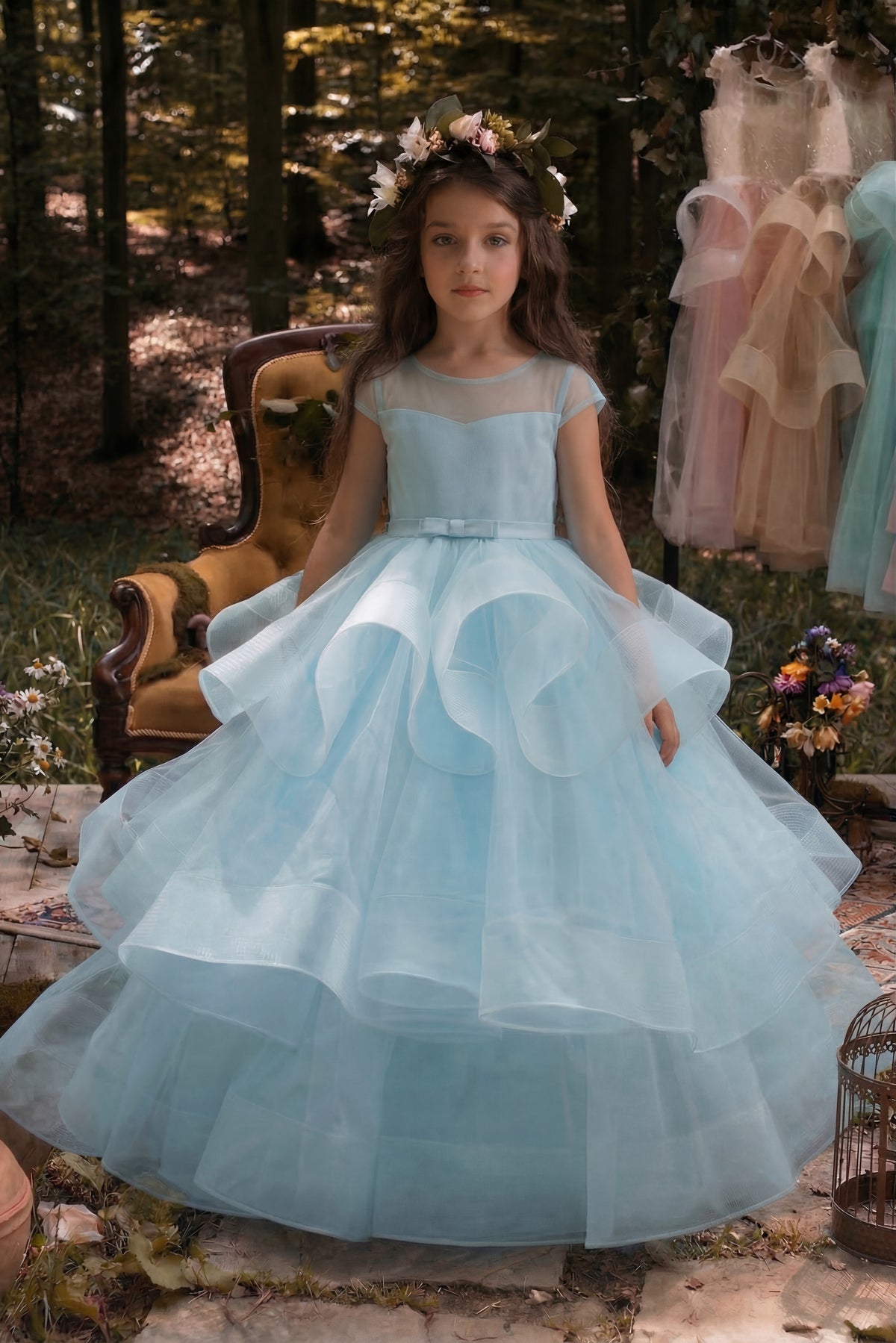 Blue Lace Mesh Round Neck Dress