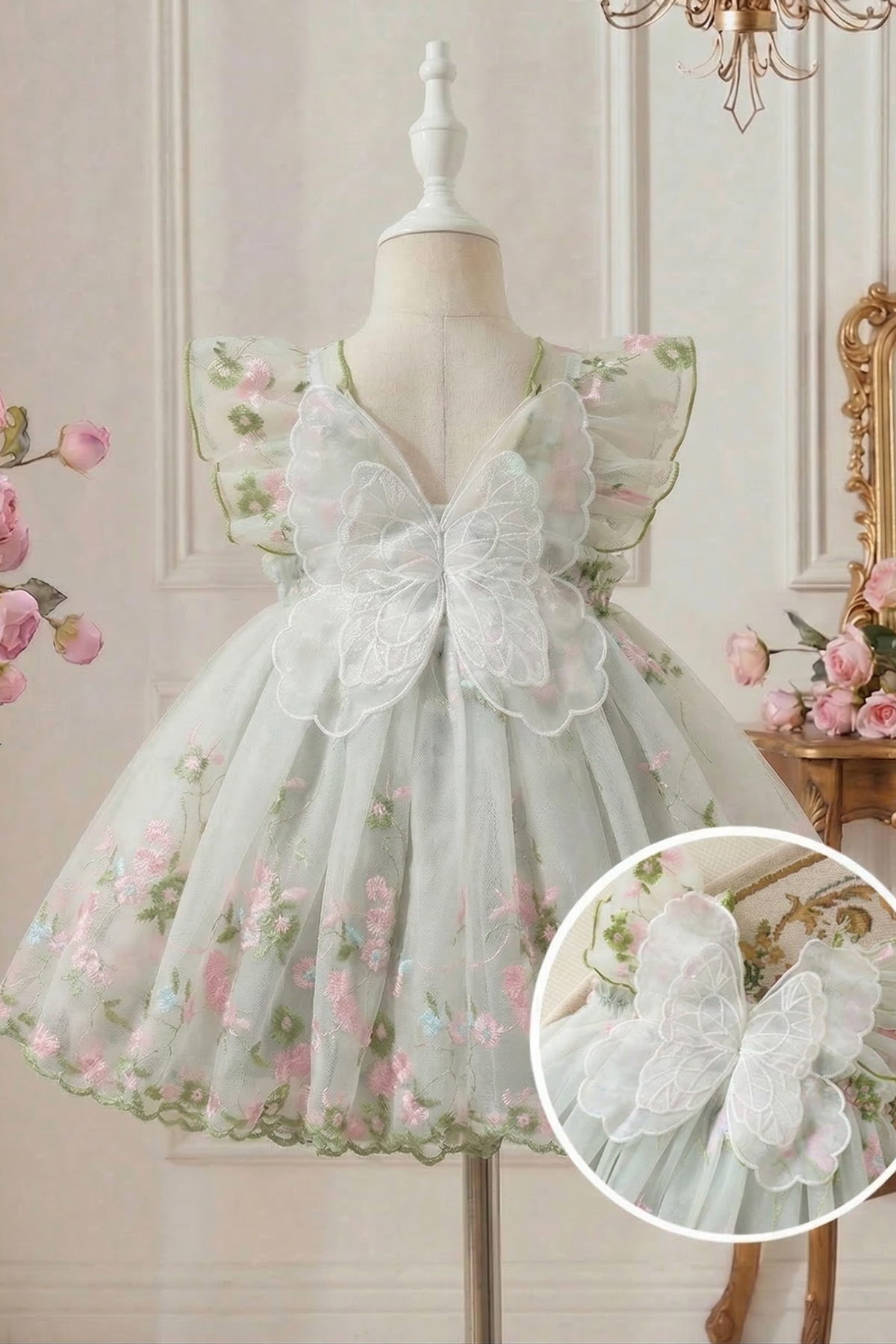 Light Green chiffon butterfly embroidered dress