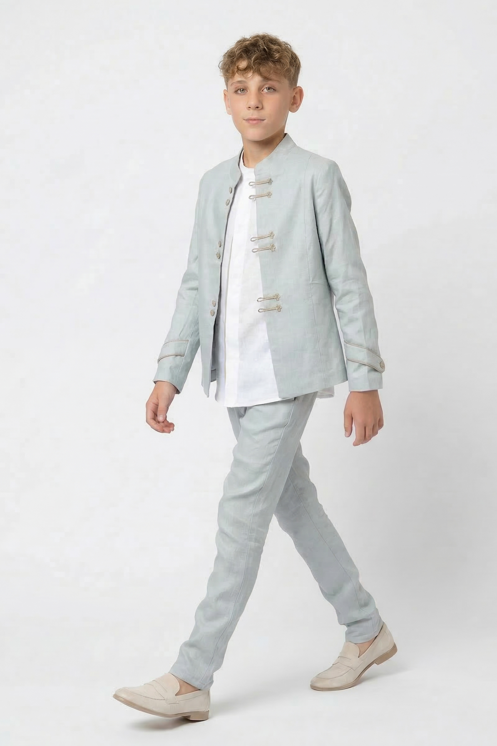 Light Blue Round Neck Button-Down Suit 2-Piece Set