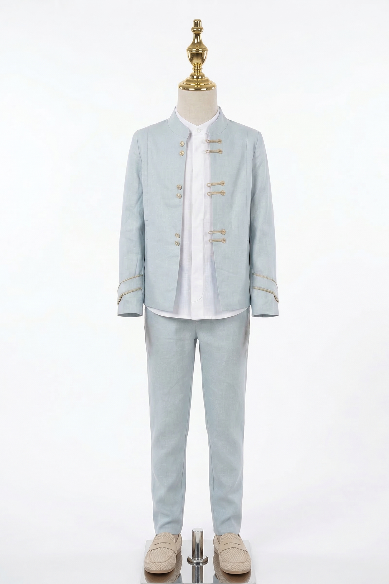 Light Blue Round Neck Button-Down Suit 2-Piece Set