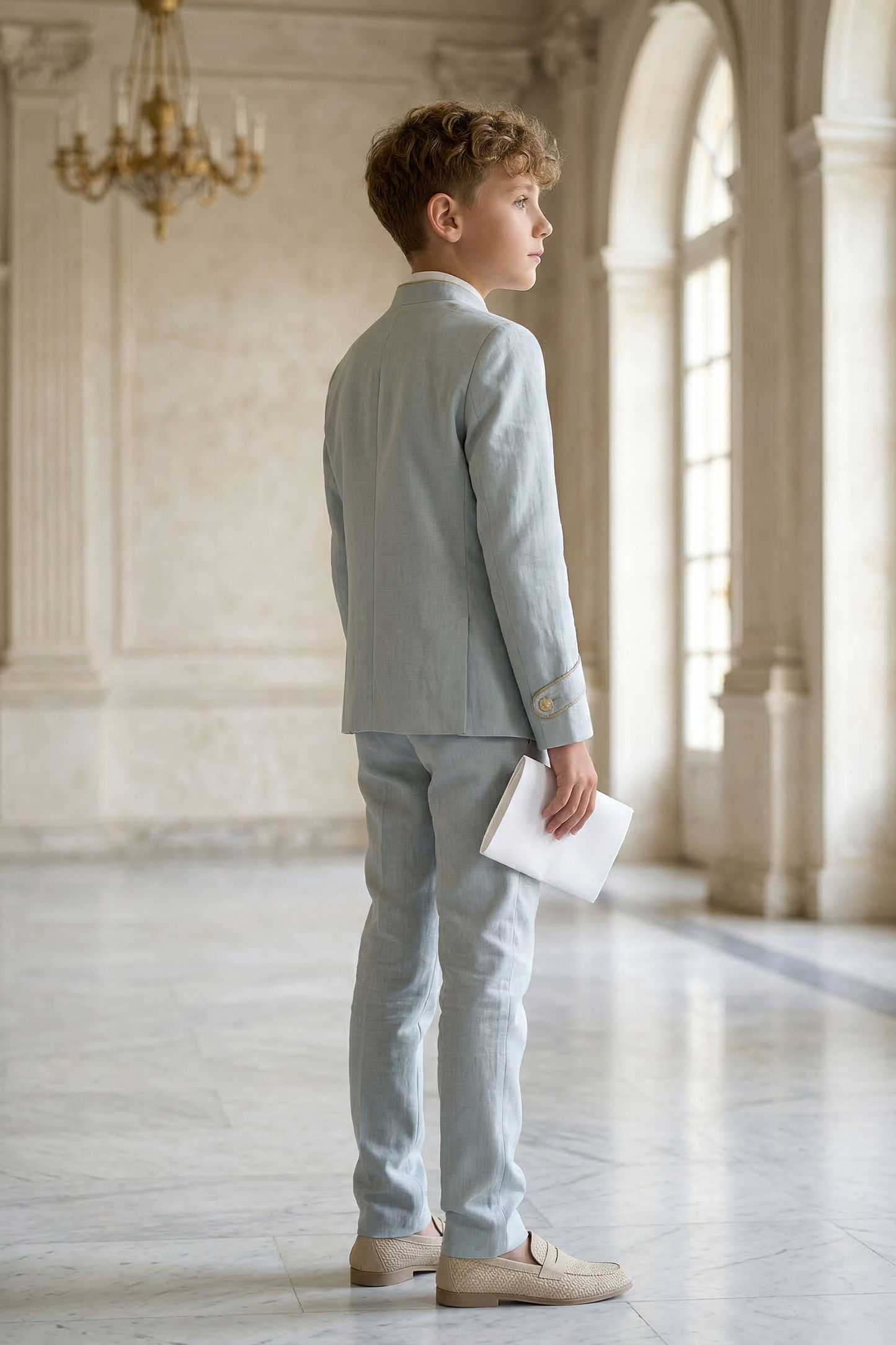 Light Blue Round Neck Button-Down Suit 2-Piece Set