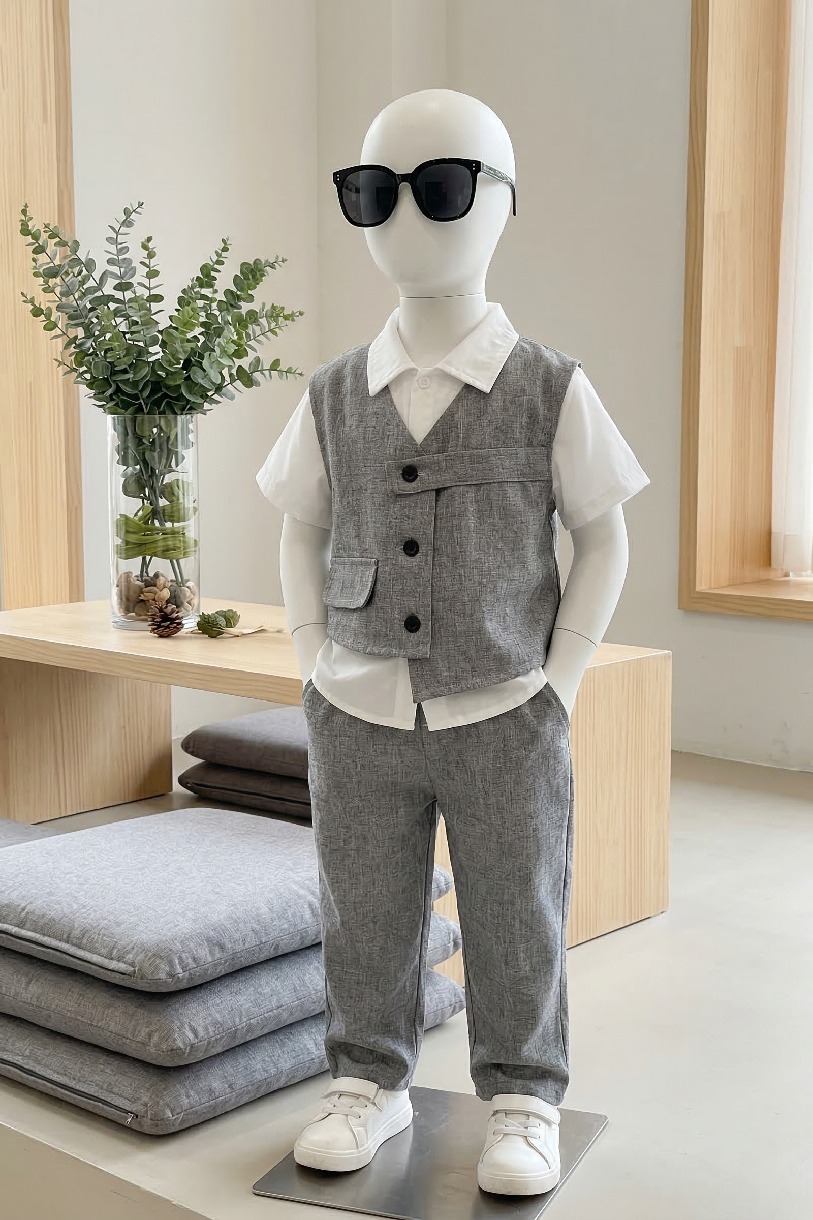 V-neck Single-Breasted Asymmetrical Vest 2-Piece Set