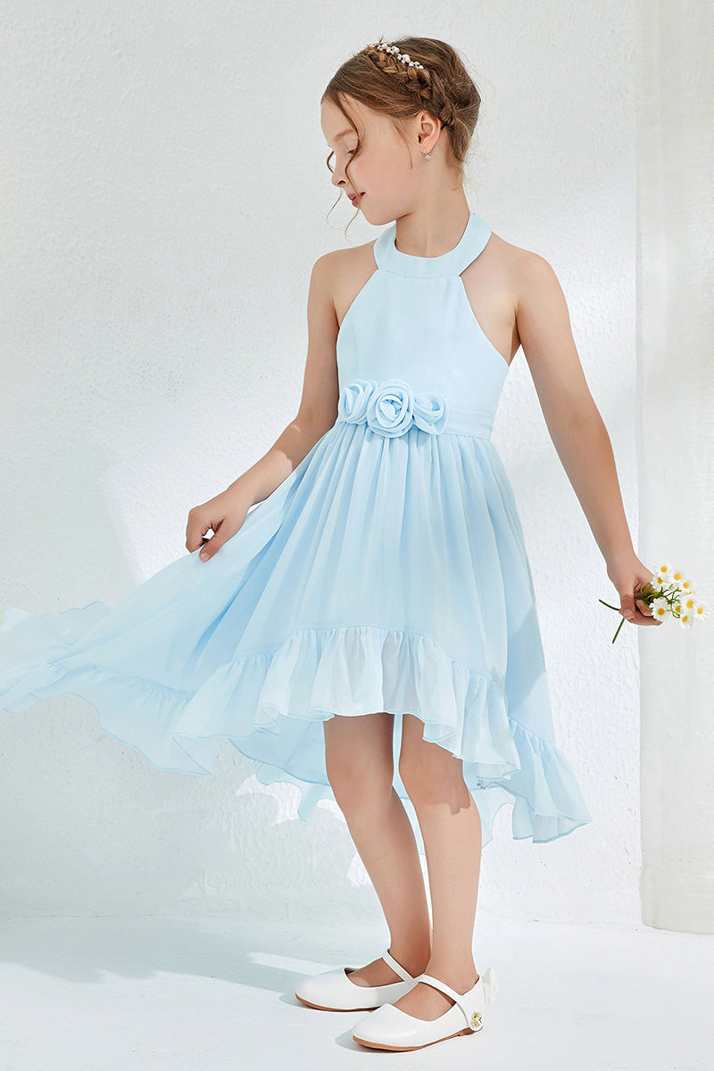 Sky Blue Chiffon Halter High-Low Flower Girl Dress