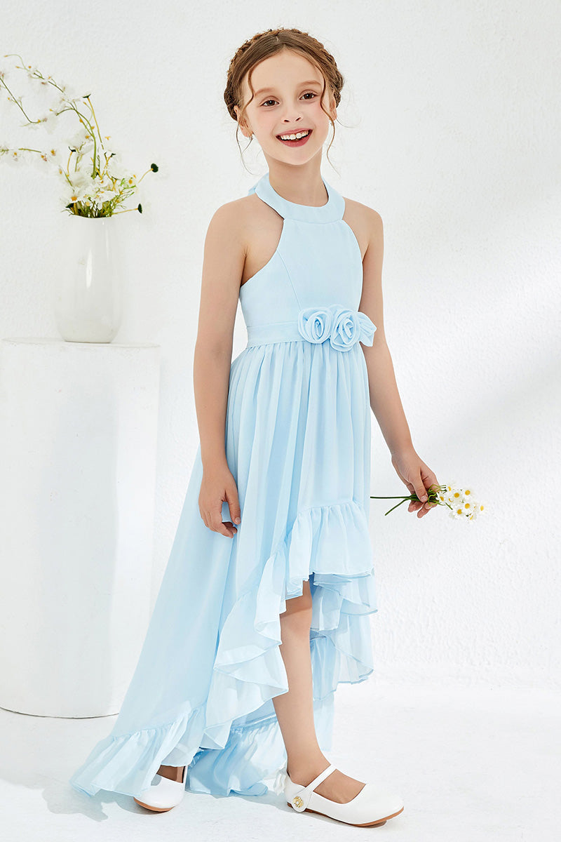 Sky Blue Chiffon Halter High-Low Flower Girl Dress