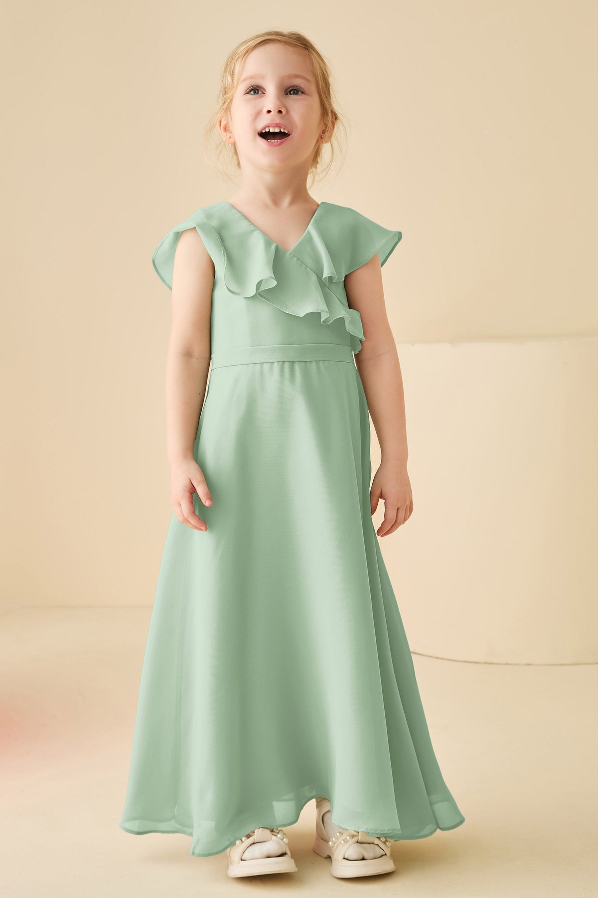 Sage Green Chiffon Ruffle-Shoulder Flower Girl Dress