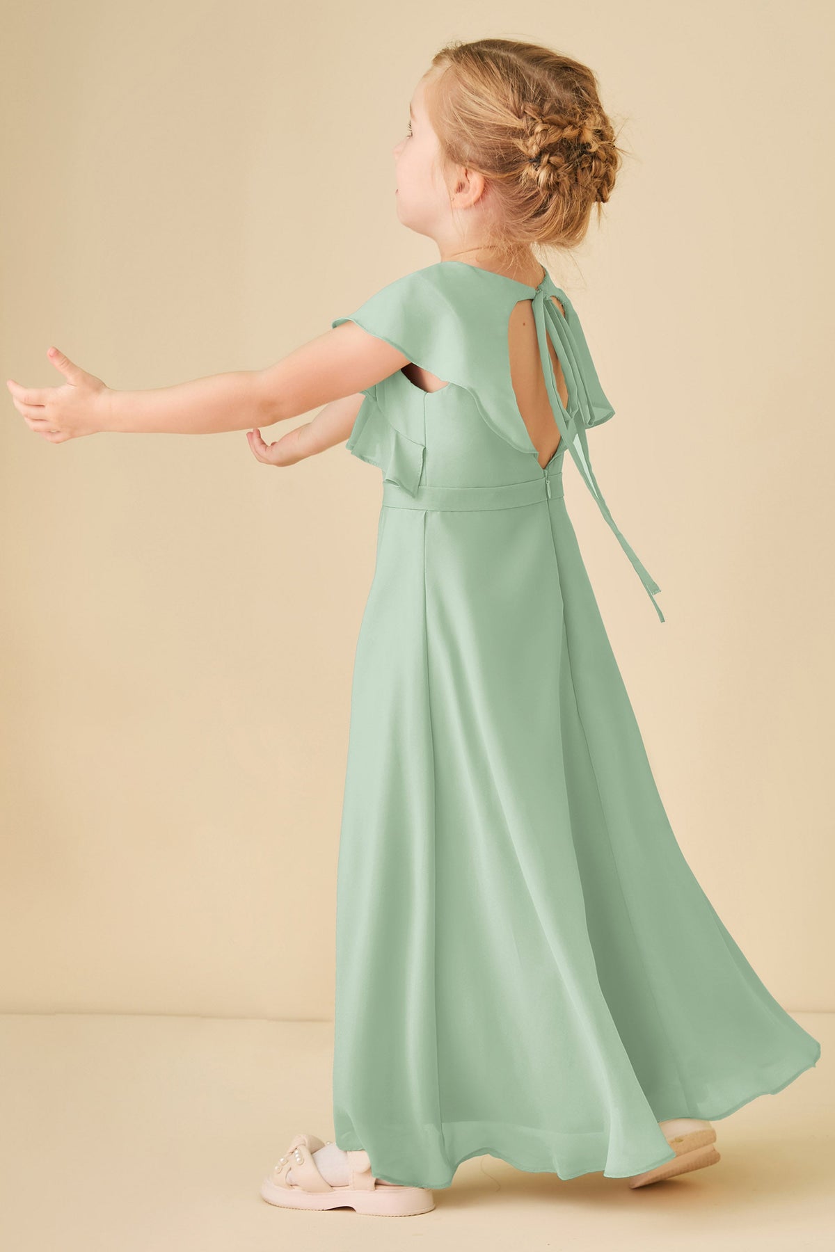 Sage Green Chiffon Ruffle-Shoulder Flower Girl Dress