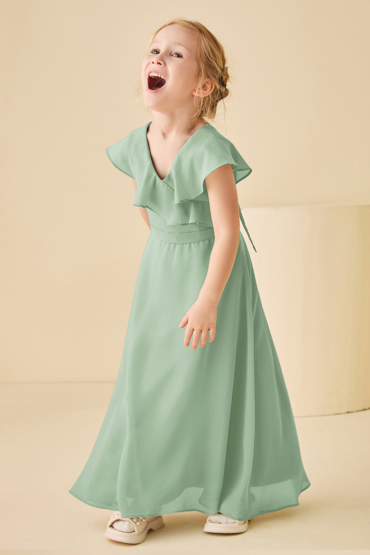 Sage Green Chiffon Ruffle-Shoulder Flower Girl Dress