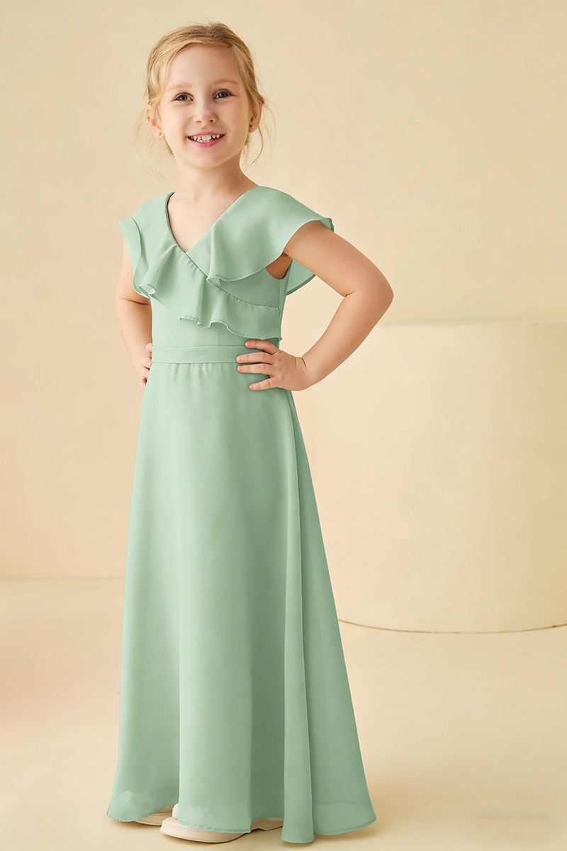 Sage Green Chiffon Ruffle-Shoulder Flower Girl Dress