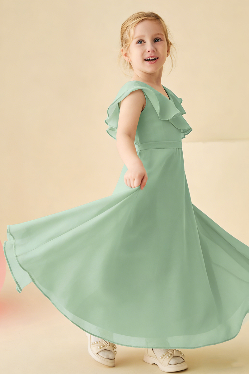 Sage Green Chiffon Ruffle-Shoulder Flower Girl Dress