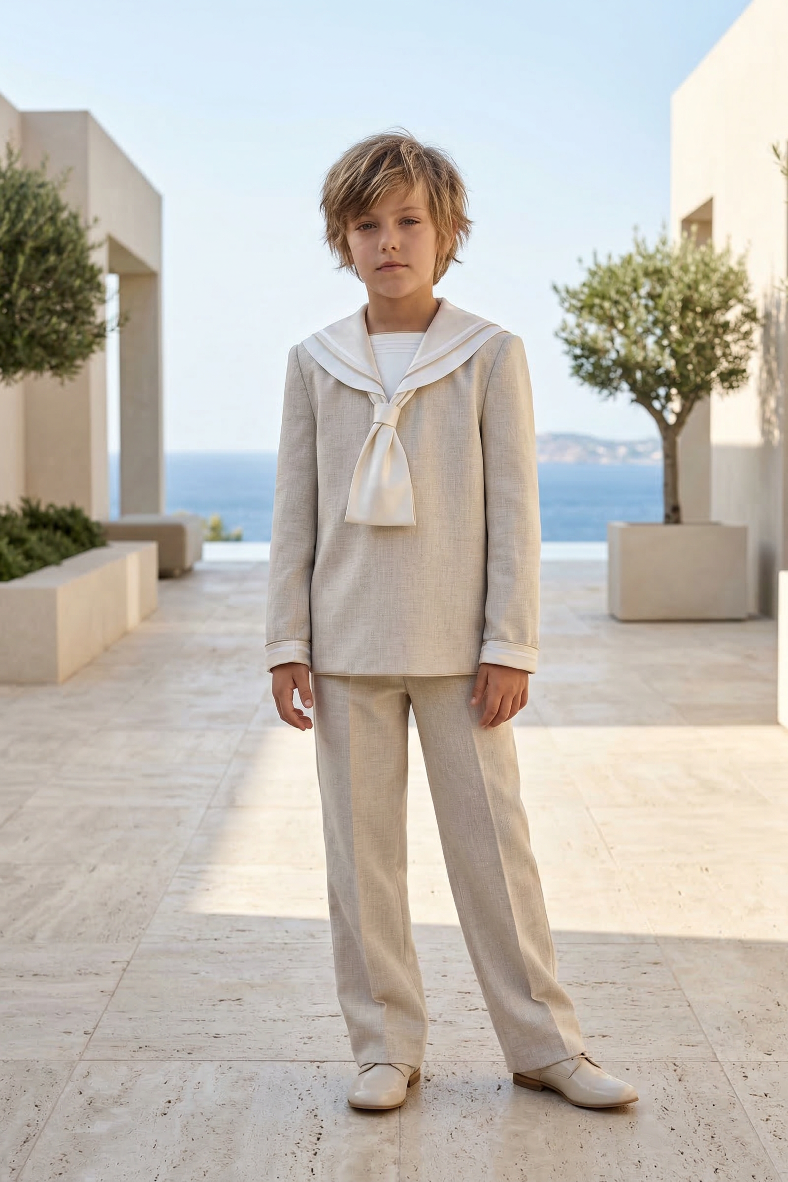 Light Khaki Satin Sailor Collar 2-Piece Set