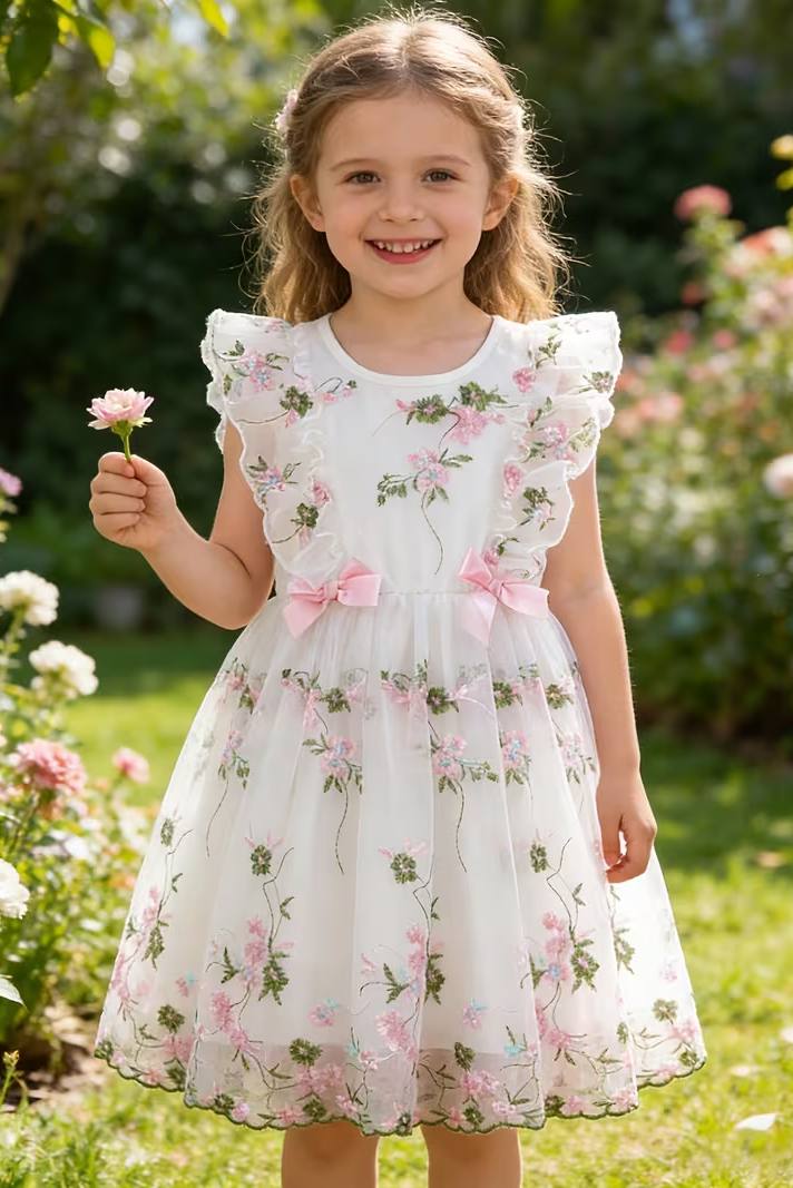 Round Neck Bow Lace Embroidered Dress