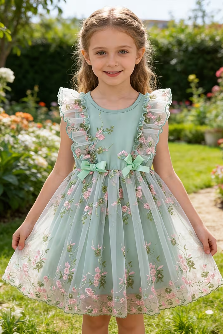 Round Neck Bow Lace Embroidered Dress