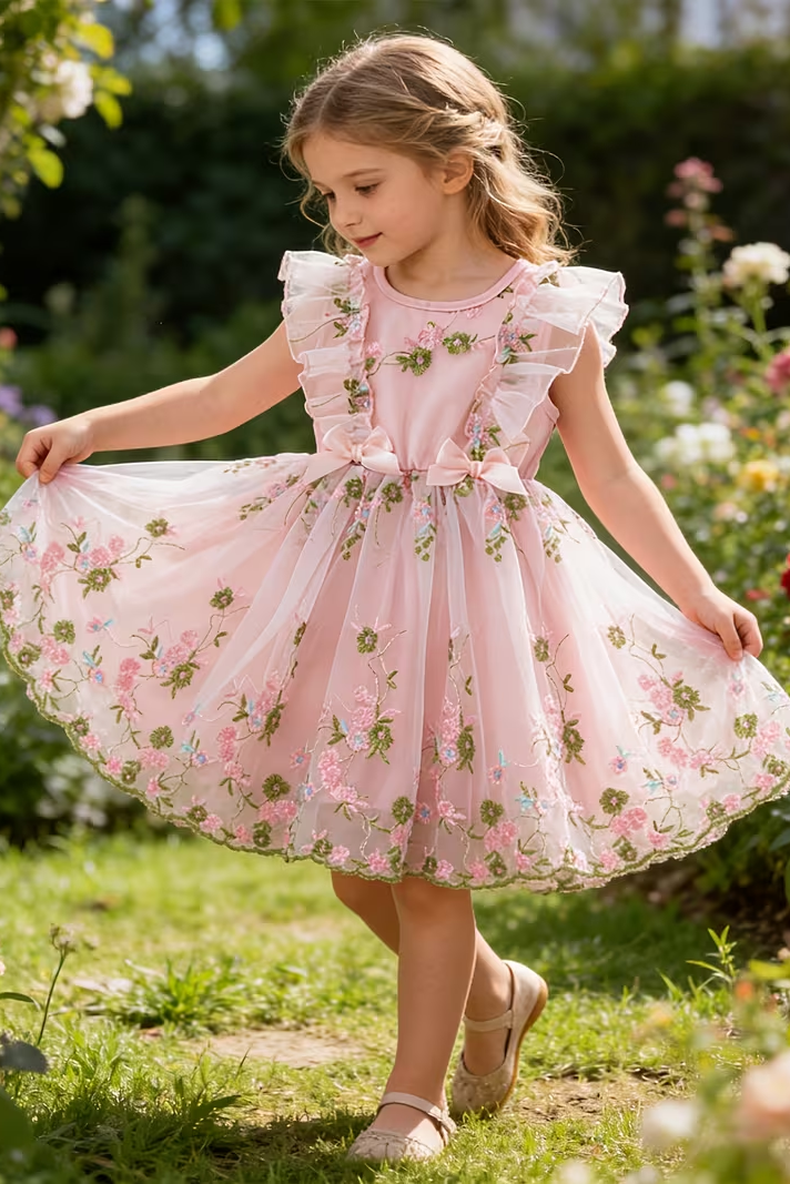 Round Neck Bow Lace Embroidered Dress