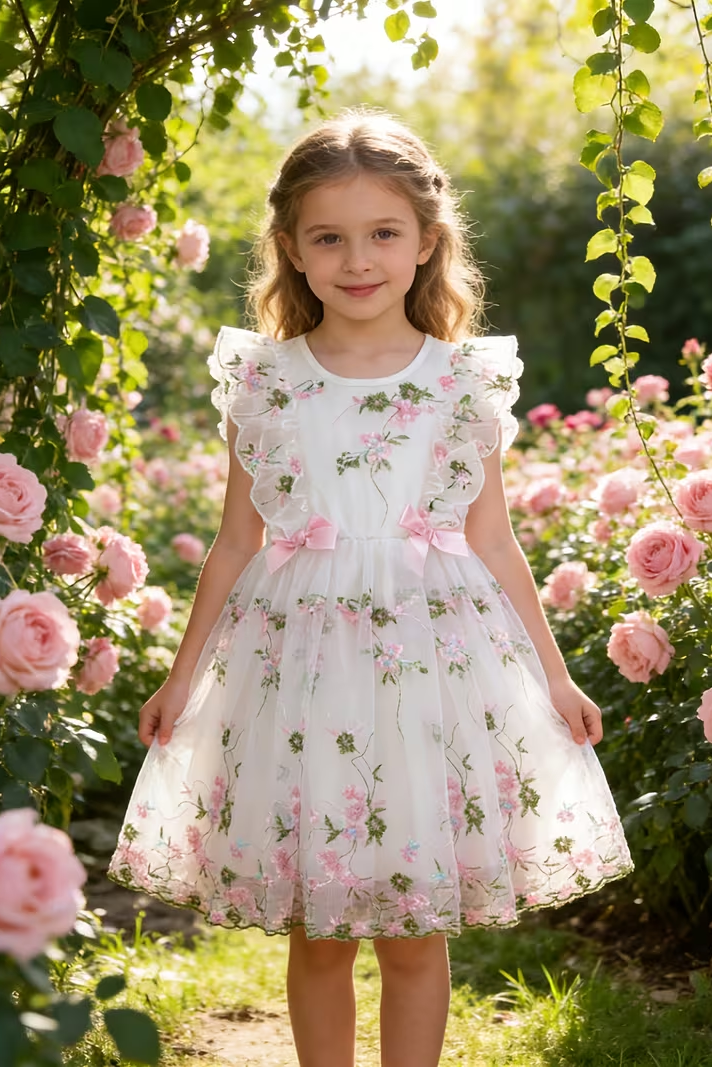 Round Neck Bow Lace Embroidered Dress