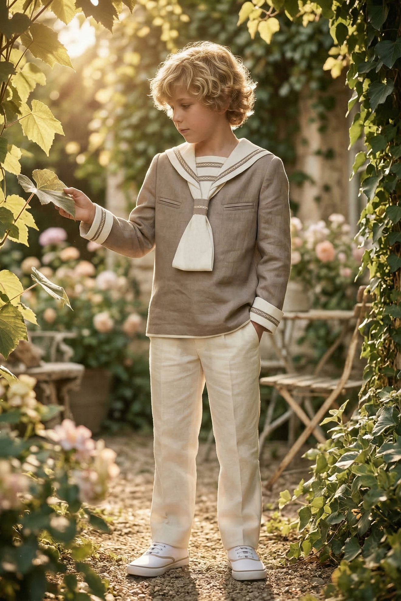 Khaki Linen Blend Sailor Collar 2-Piece Set