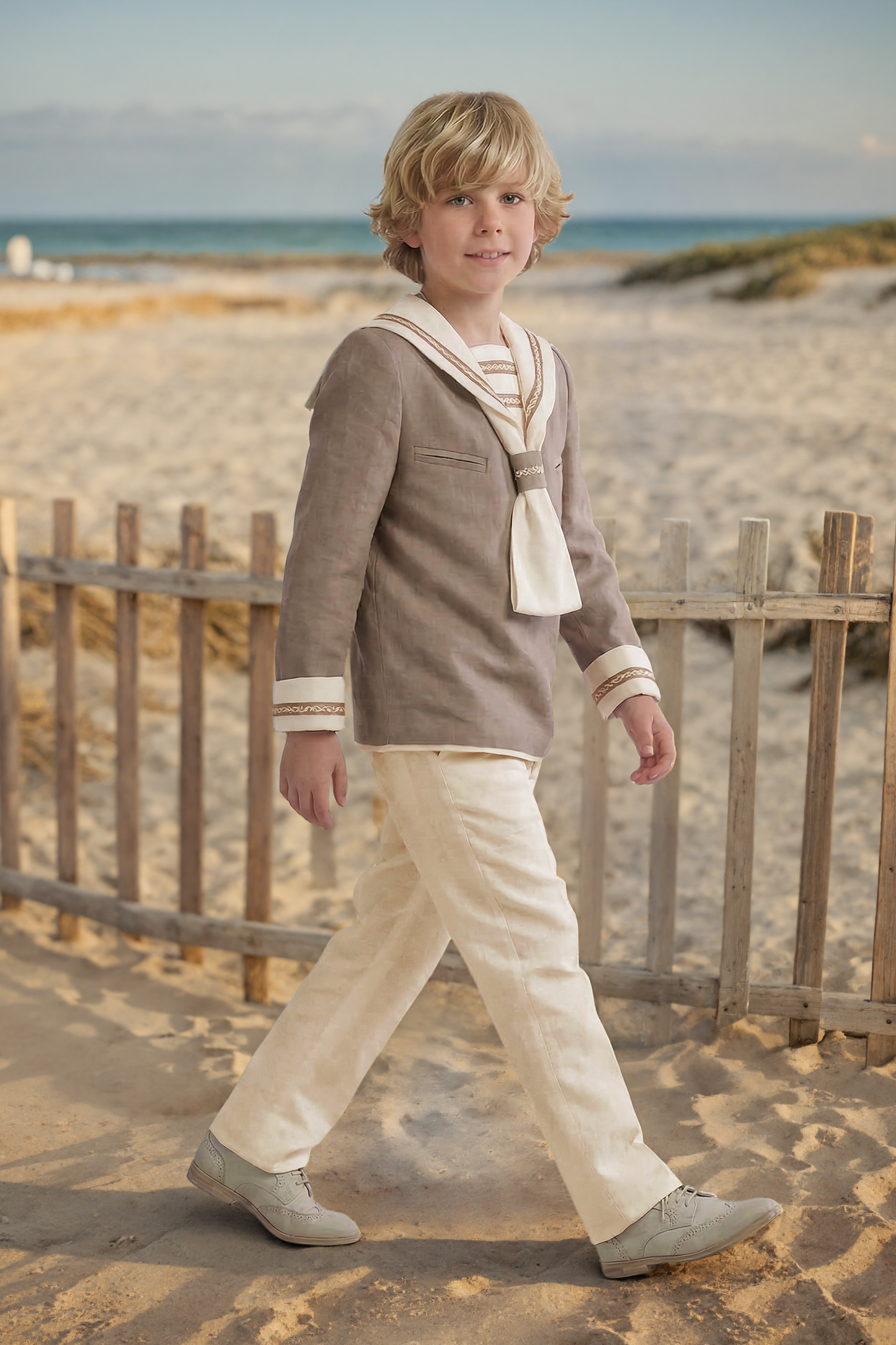 Khaki Linen Blend Sailor Collar 2-Piece Set
