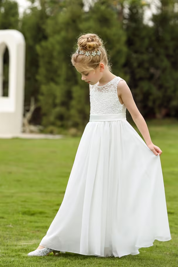 White Lace Chiffon A-Line Dress