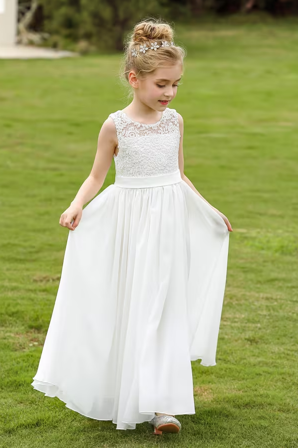 White Lace Chiffon A-Line Dress