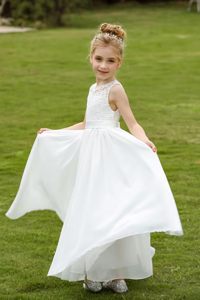White Lace Chiffon A-Line Dress