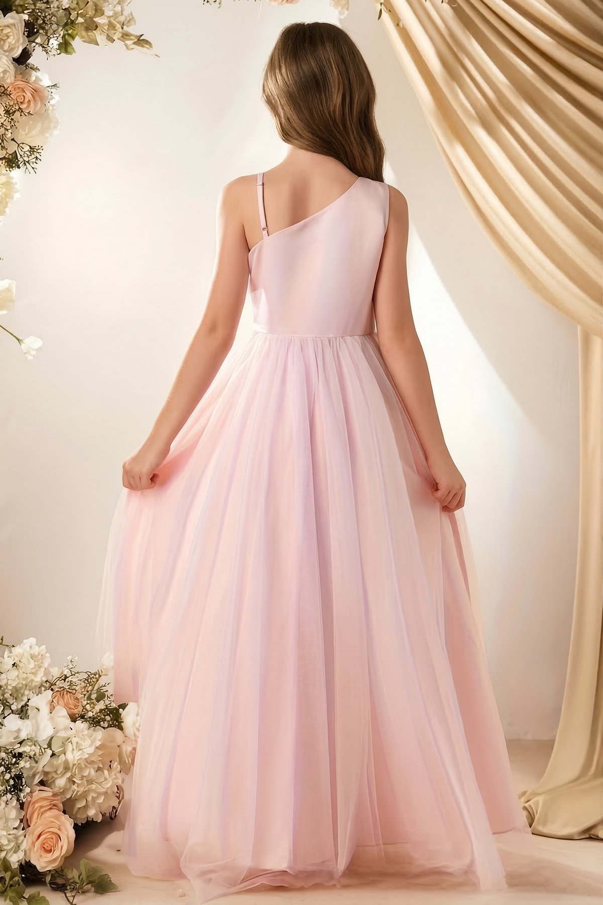 Pink Satin A-Line Mesh Dress