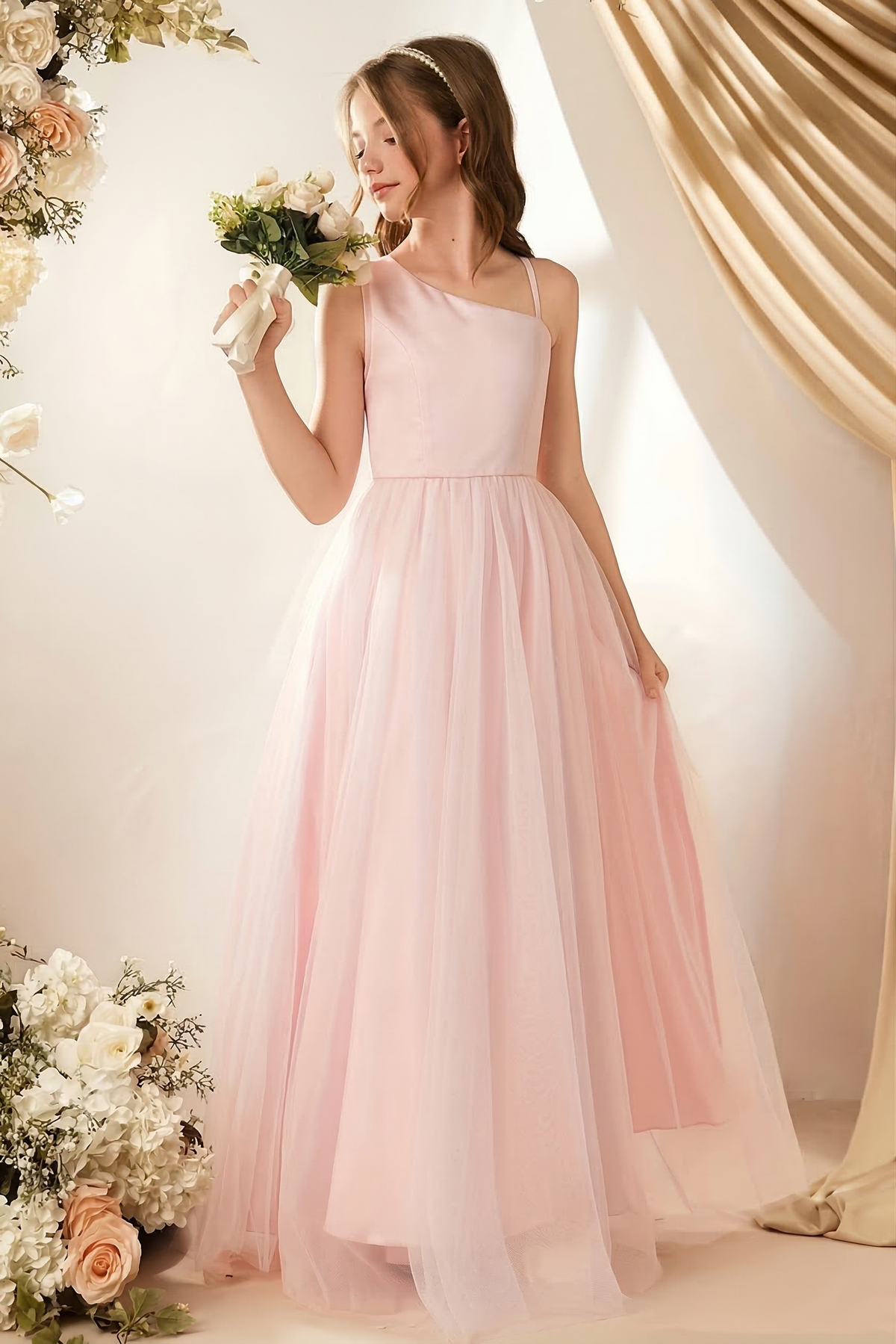 Pink Satin A-Line Mesh Dress