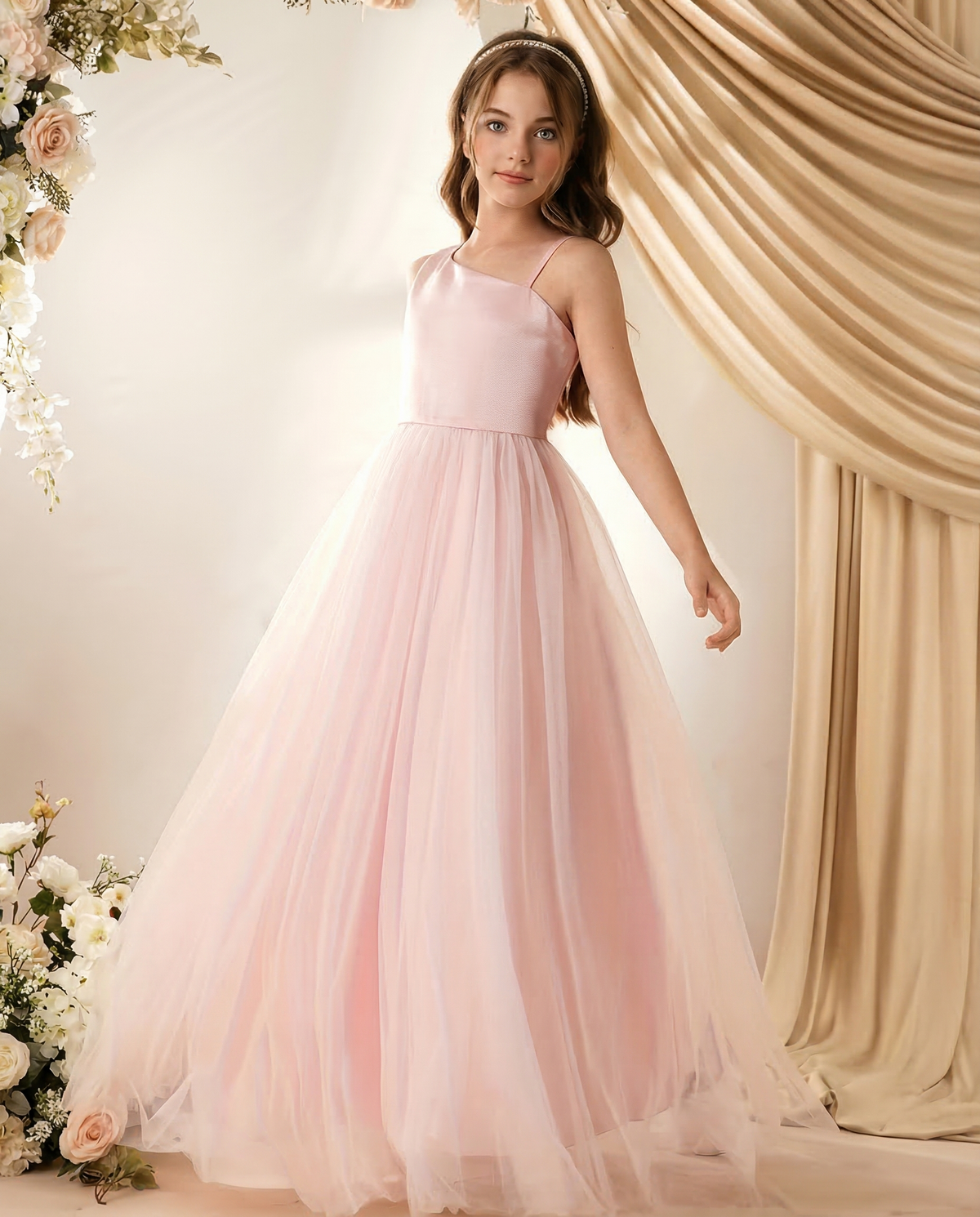Pink Satin A-Line Mesh Dress