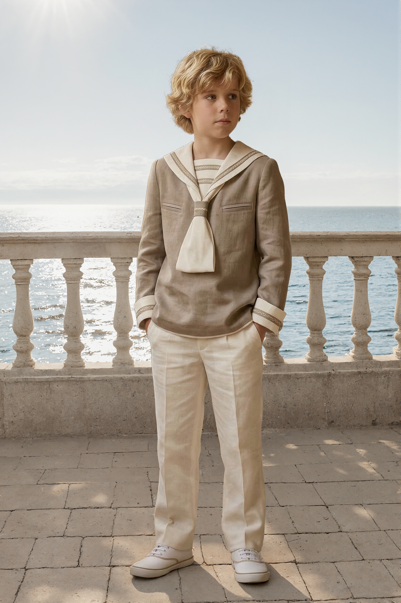 Khaki Linen Blend Sailor Collar 2-Piece Set