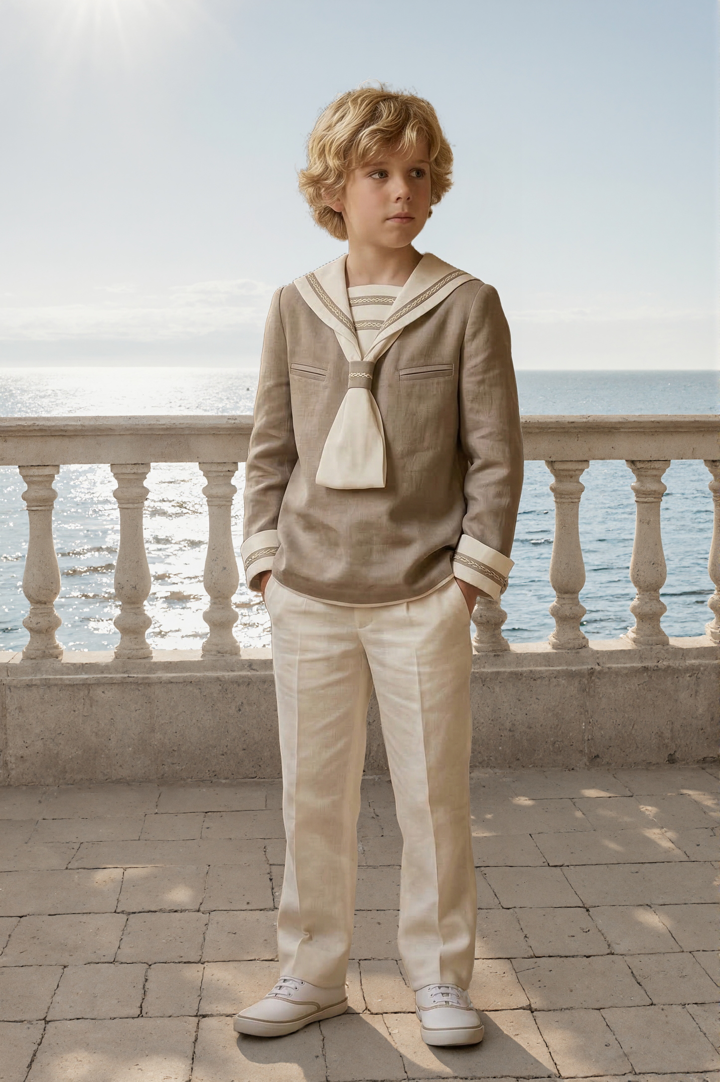 Khaki Linen Blend Sailor Collar 2-Piece Set