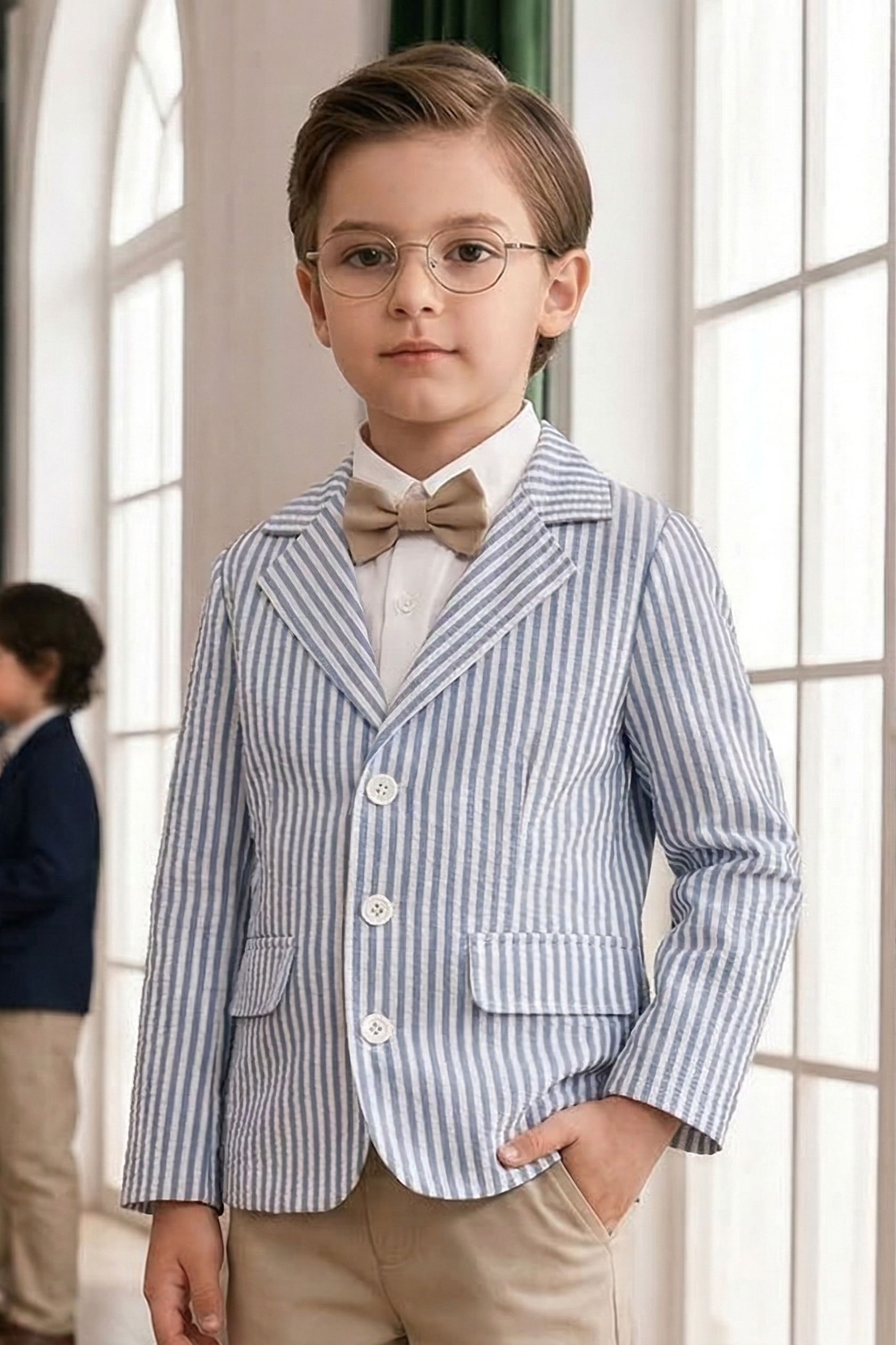 Light Blue Striped Single-Breasted Suit Jacket