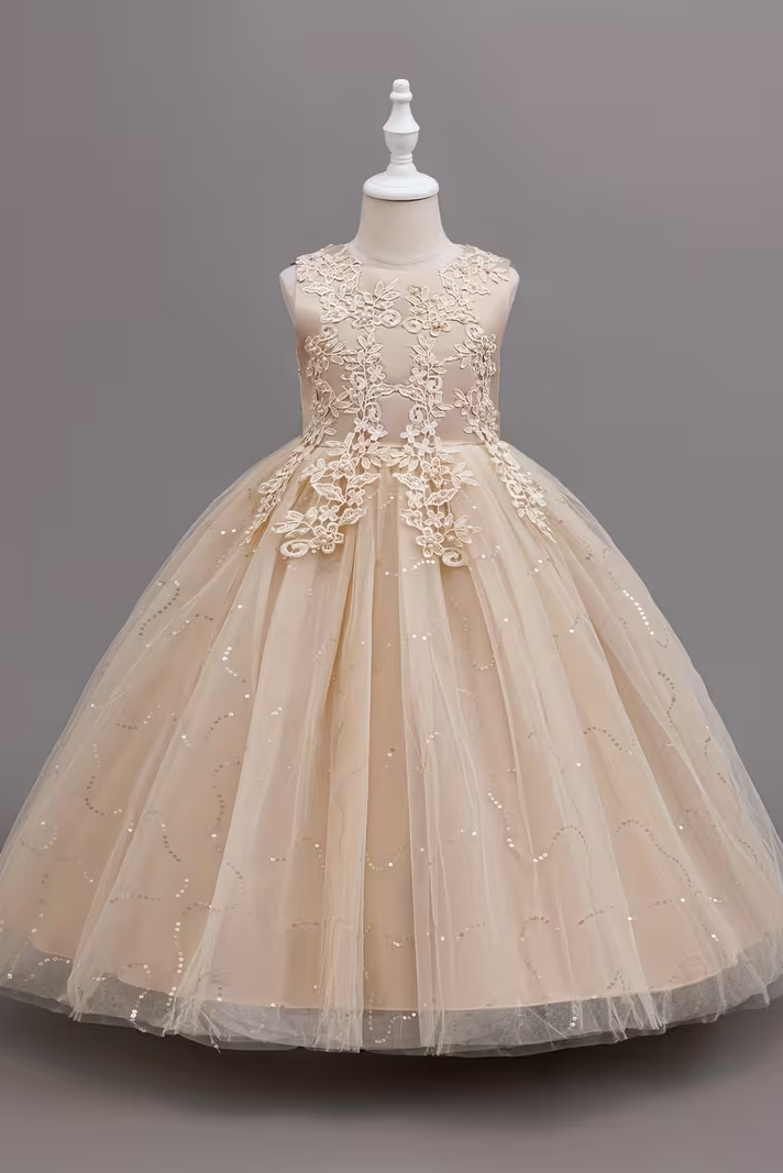 Apricot Round Neck Lace Sequined Dress