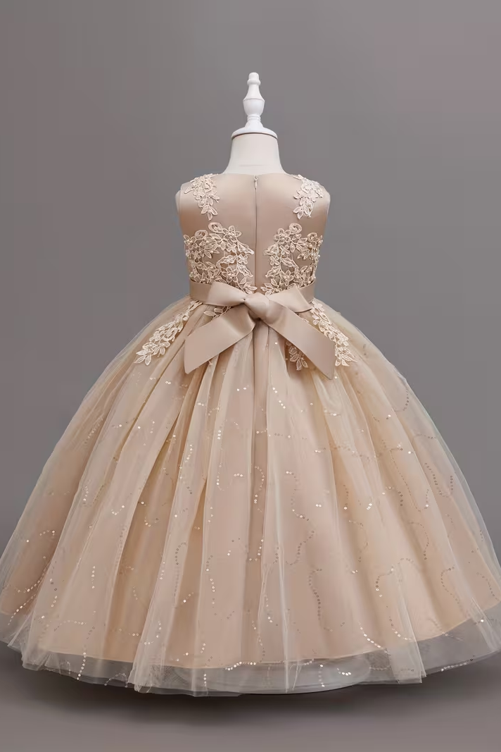 Apricot Round Neck Lace Sequined Dress