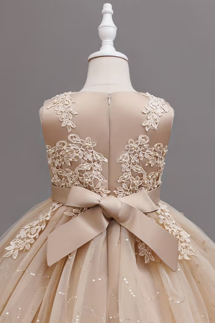 Apricot Round Neck Lace Sequined Dress