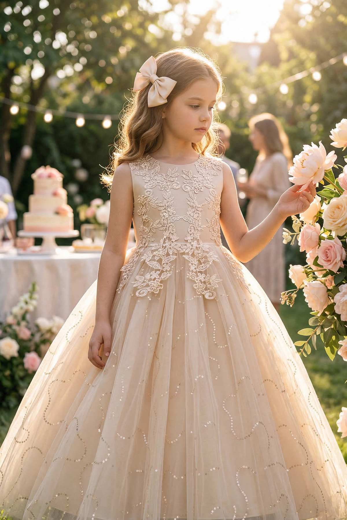 Apricot Round Neck Lace Sequined Dress