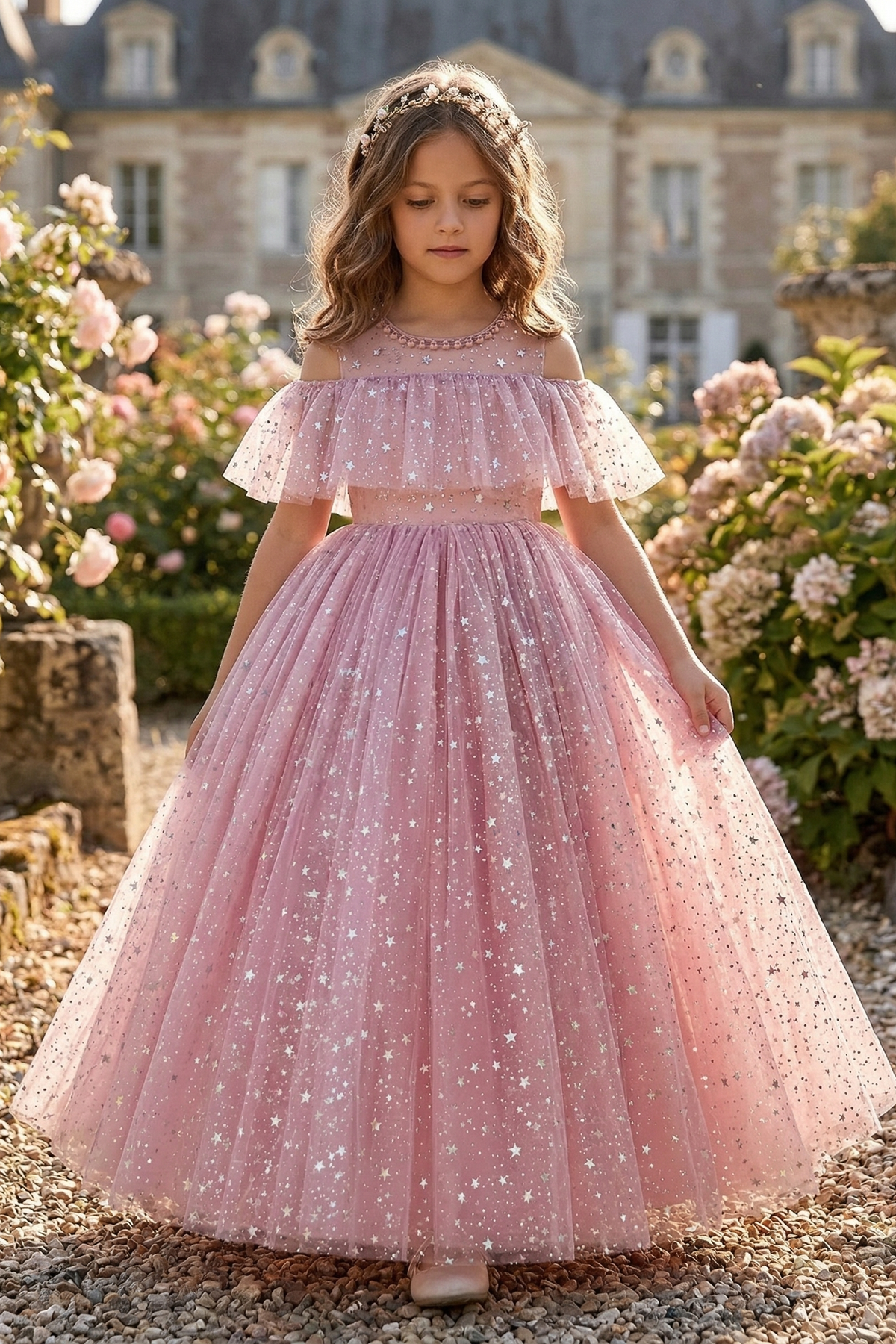 Pink Mesh Sequined A-Line Dress