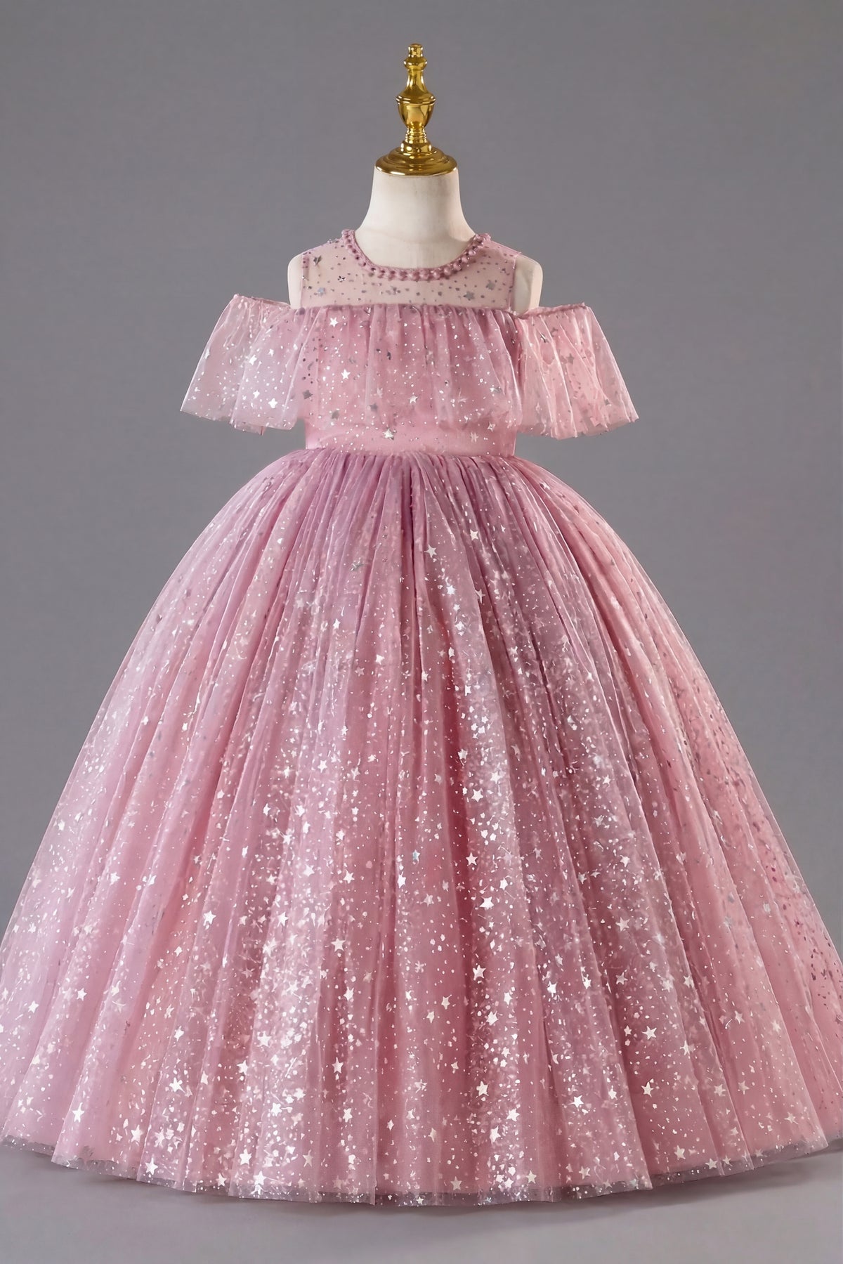Pink Mesh Sequined A-Line Dress