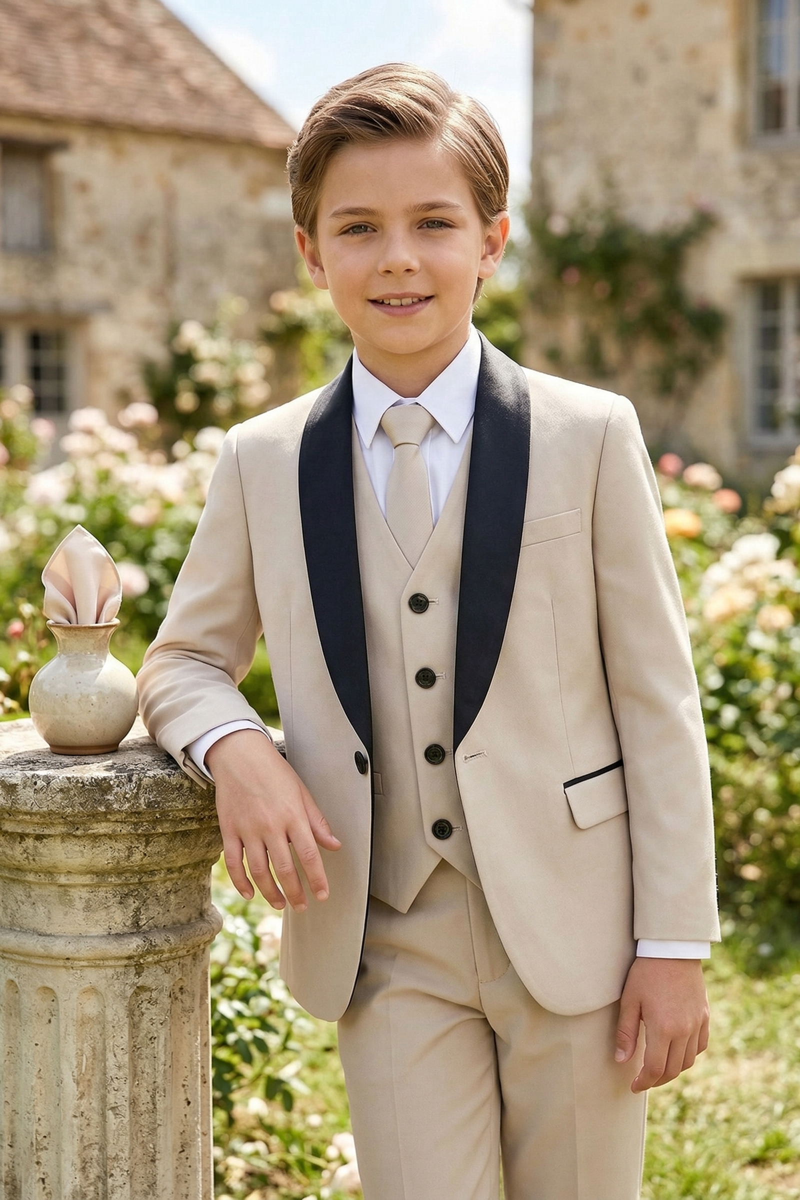 Khaki And Black Single-Breasted 3-Piece Suit