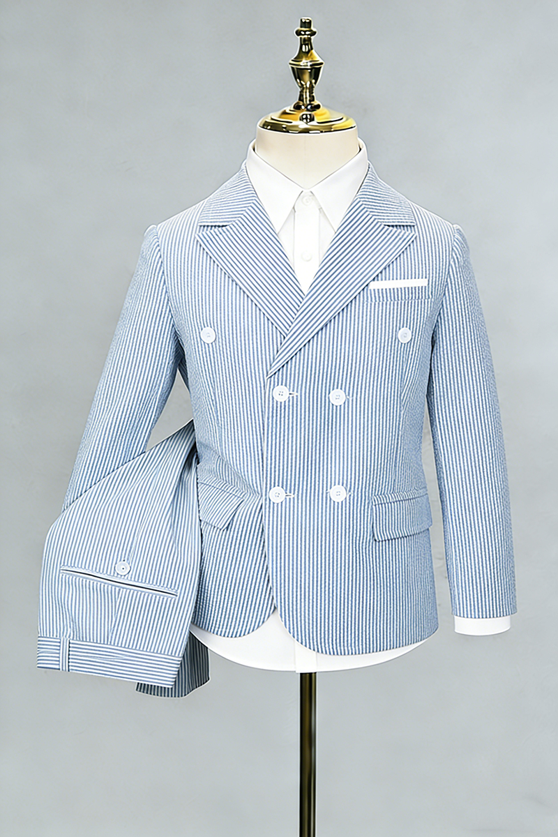 Boys Light Blue Seersucker Double-Breasted 2-Piece Suit