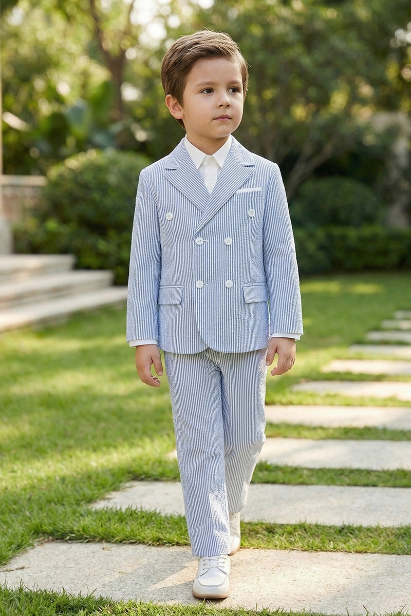 Boys Light Blue Seersucker Double-Breasted 2-Piece Suit
