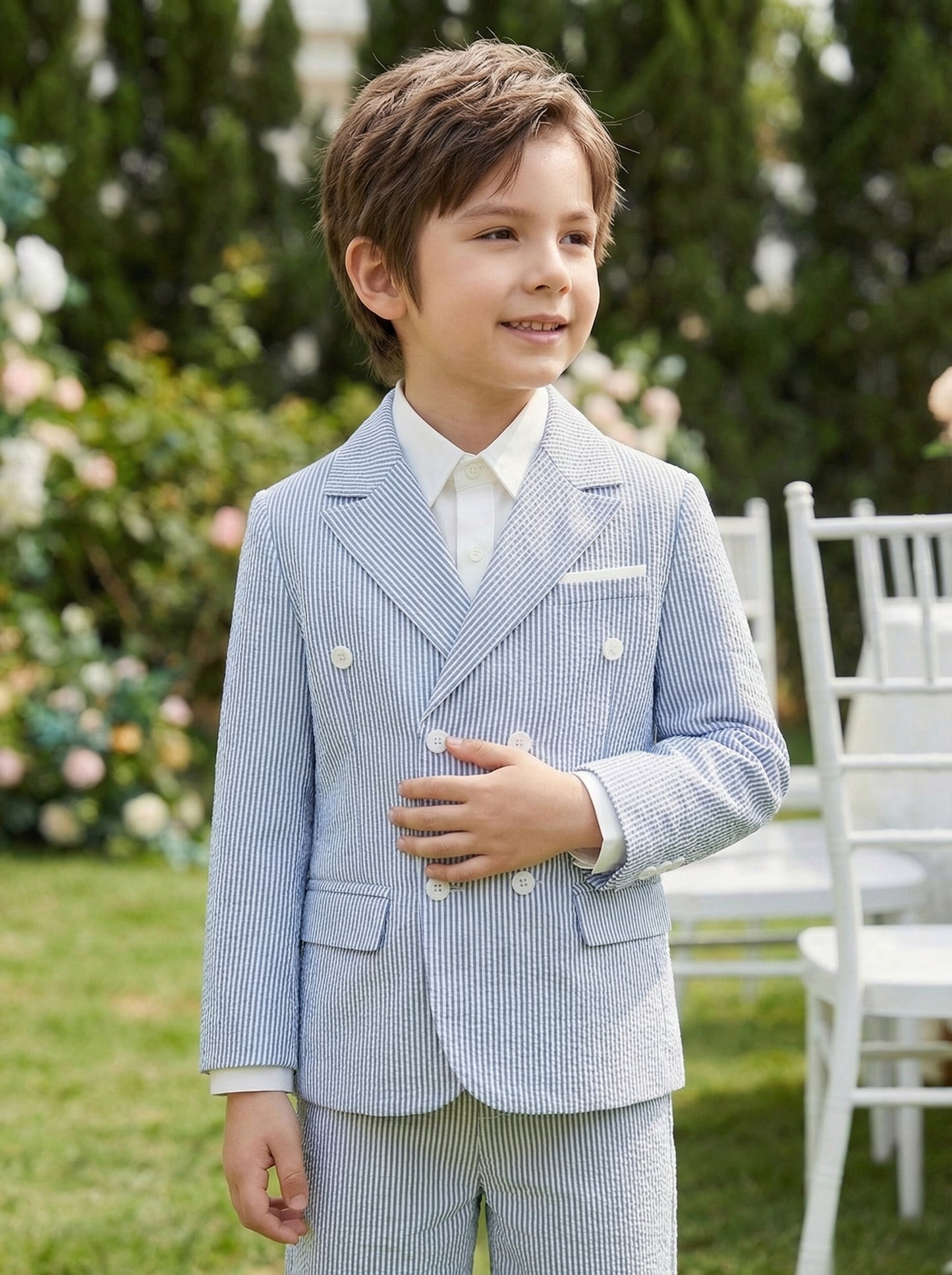 Boys Light Blue Seersucker Double-Breasted 2-Piece Suit