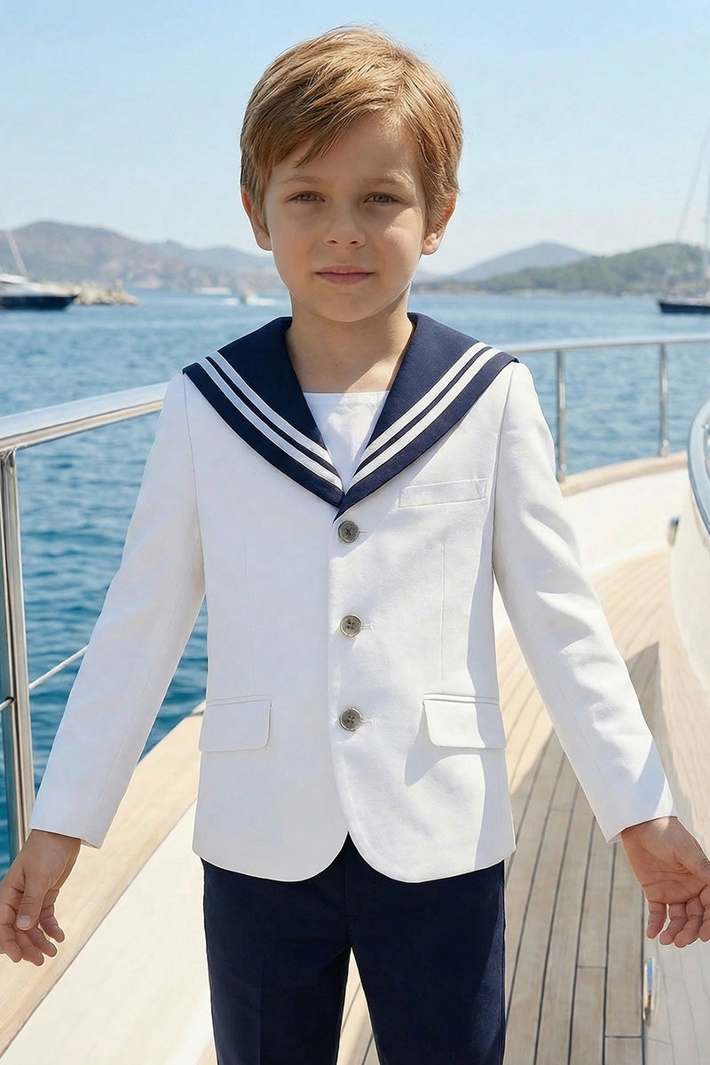 Boys White Sailor Collar Jacket & Trousers 2-Piece Suit