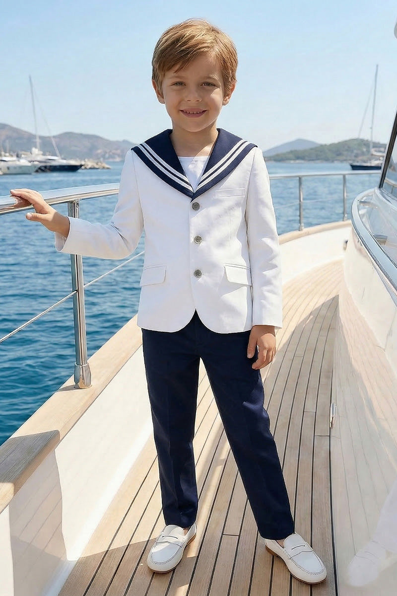 Boys White Sailor Collar Jacket & Trousers 2-Piece Suit