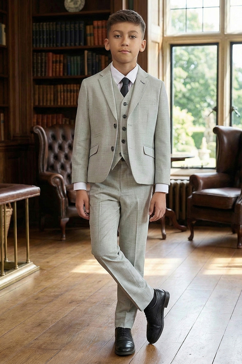 Boys Light Grey Textured 3-Piece Suit