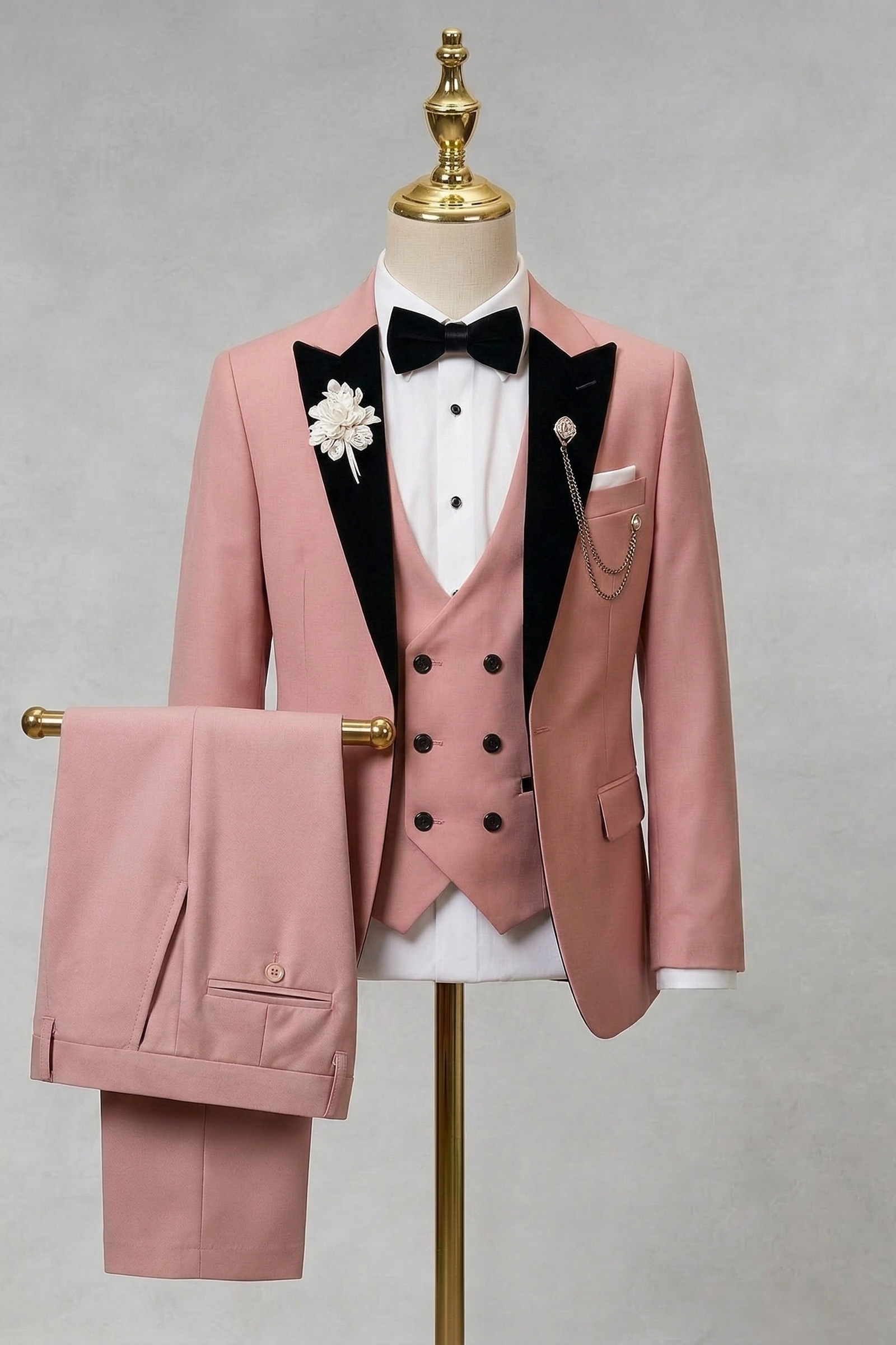 Dark Pink And Black Double-Breasted 3-Piece Set